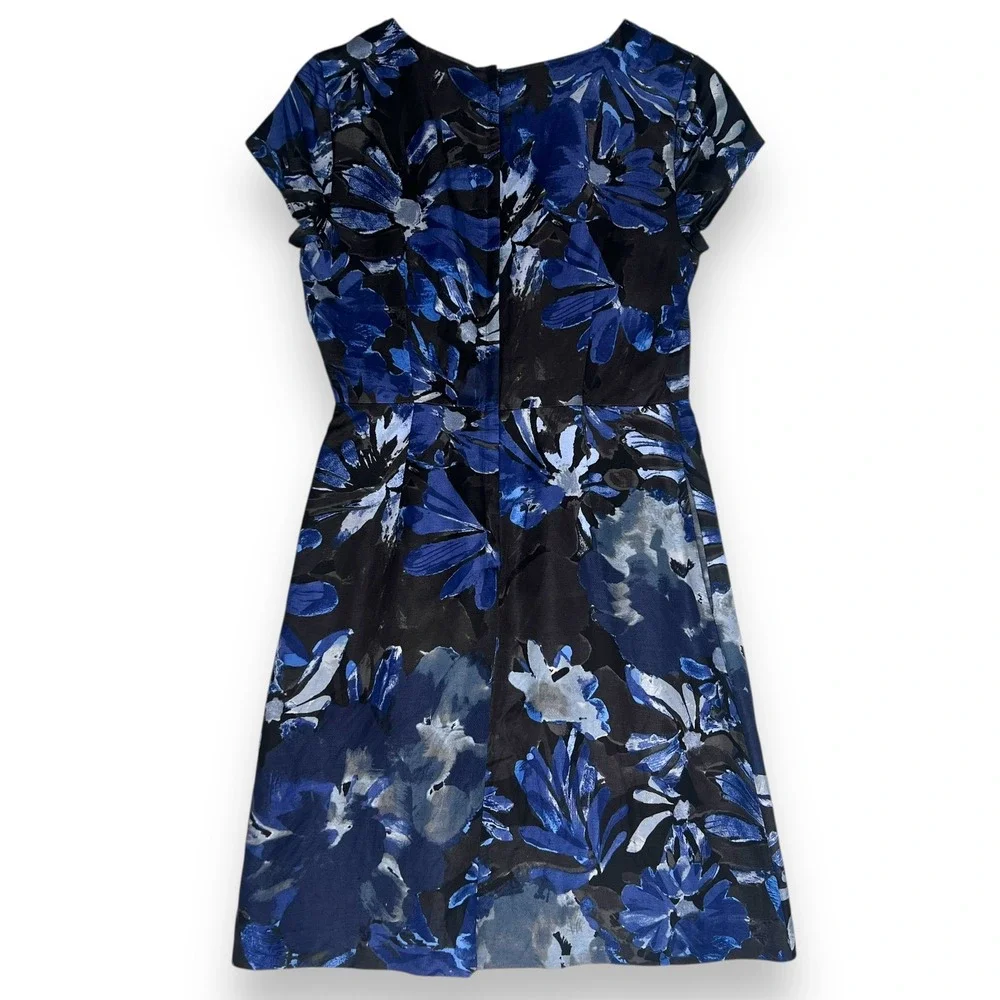 Banana Republic Mad Men Linen Blend Floral Dress Petite Fit Flare Blue‎ Black 4P